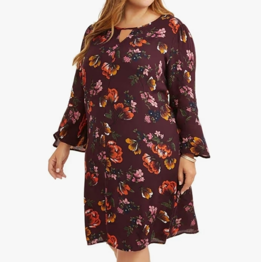 Terra & Sky Plus Size Burgundy Floral 100% Rayon Dress with Bell Sleeves 0X(14W)